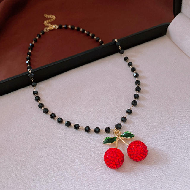 Diamond Cherry Pendant Pearl Necklace Sweet Joker Sweater Chain
