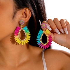 Boho colorful straw beach earrings holiday earrings flower earrings