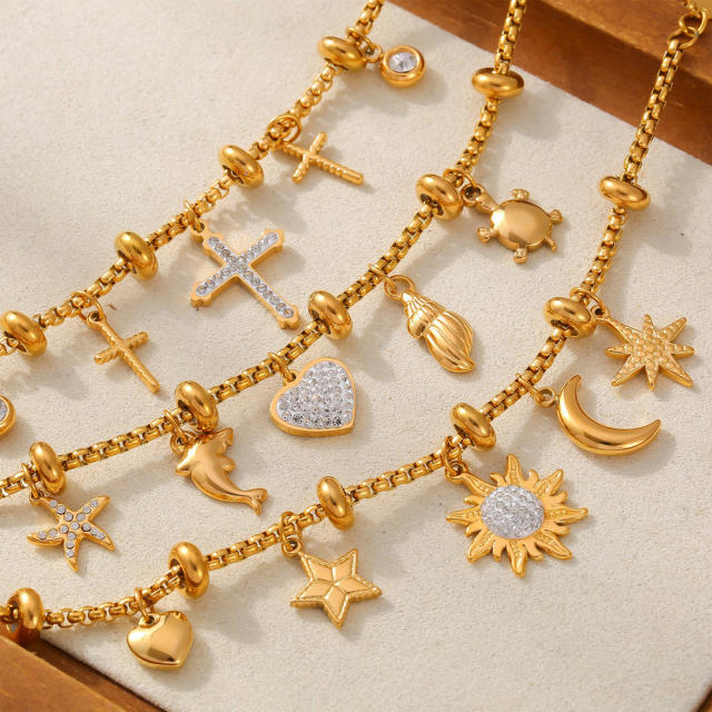 Hot diamond heart cross sunflower titanium steel plated 18k gold charm bracelet stainless steel bracelet