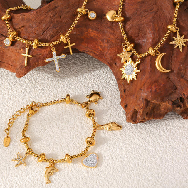 Hot diamond heart cross sunflower titanium steel plated 18k gold charm bracelet stainless steel bracelet