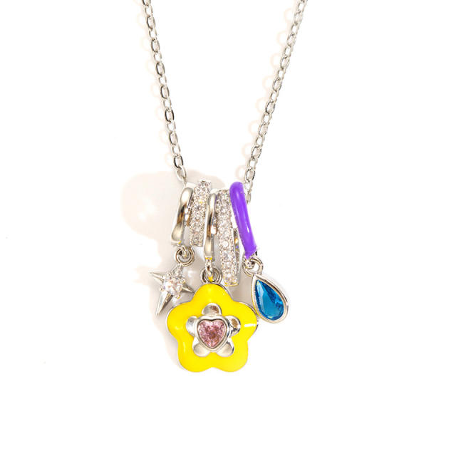 Color enamel flower Star Diamond Pendant stainless steel chain necklace dainty necklace