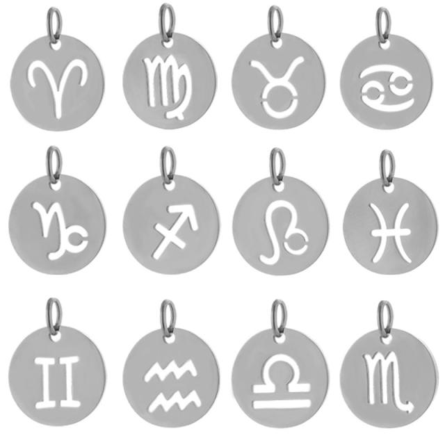 Round hollow 12 zodiac round pendant stainless steel gold plated pendant diy  jewelry