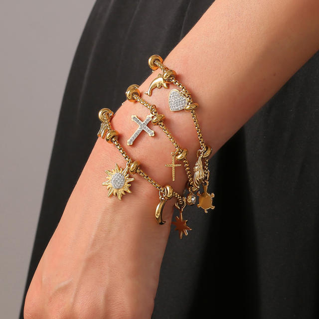 Hot diamond heart cross sunflower titanium steel plated 18k gold charm bracelet stainless steel bracelet