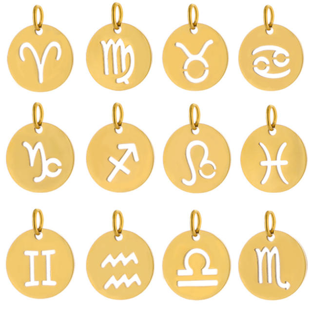 Round hollow 12 zodiac round pendant stainless steel gold plated pendant diy  jewelry