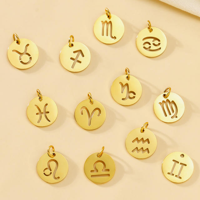 Round hollow 12 zodiac round pendant stainless steel gold plated pendant diy  jewelry