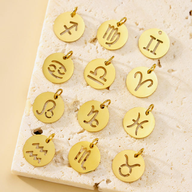 Round hollow 12 zodiac round pendant stainless steel gold plated pendant diy  jewelry
