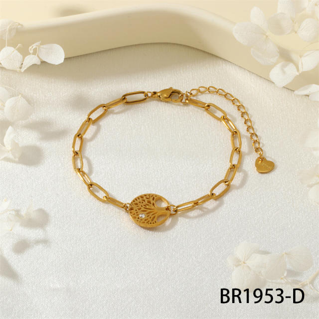 Personality Natural Crystal Bud Modeling Minimalism Cross Life Tree Fadeless Titanium Steel Bracelet