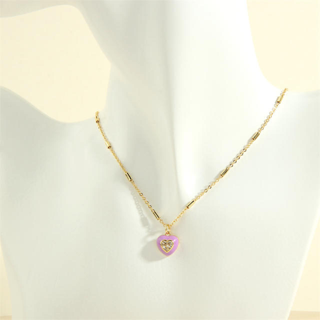 Spring summer color enamel sweet heart pendant copper necklace