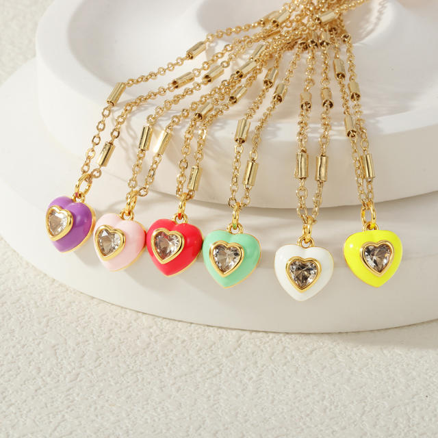 Spring summer color enamel sweet heart pendant copper necklace