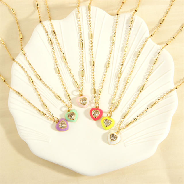 Spring summer color enamel sweet heart pendant copper necklace