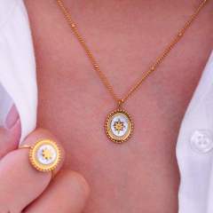 French Retro Bohemian Style Colorful Natural Stone Inlaid Oval Eight Mans Star Pendant Titanium Steel 14k Gold Necklace