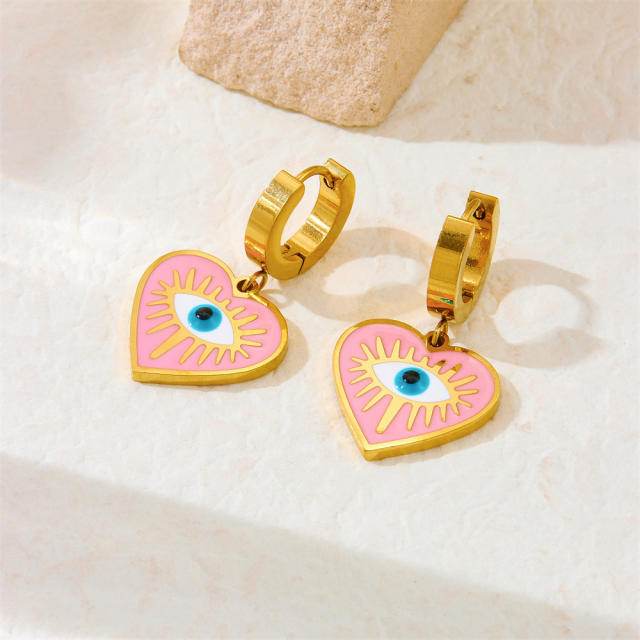 Personality drop oil pink love heart eviel eyes charm stainless steel necklace earrings bracelet suit