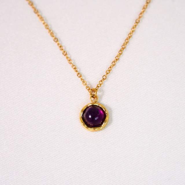 New gem inlaid round stainless steel natural stone stainless steel 14k gold necklace