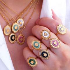 French Retro Bohemian Style Colorful Natural Stone Inlaid Oval Eight Mans Star Pendant Titanium Steel 14k Gold Necklace