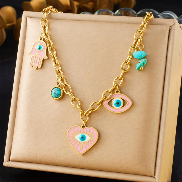 Personality drop oil pink love heart eviel eyes charm stainless steel necklace earrings bracelet suit