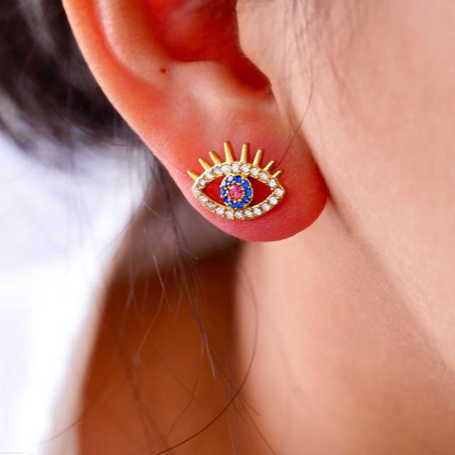 Luxury diamond evil eye stainless steel ear studs