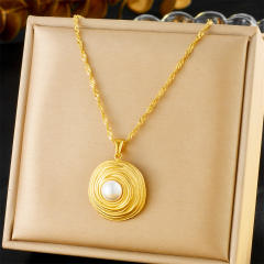 Fashion French Gold Wire Winding Circle Plated 18K Pearl Pendant Stainless Steel Necklace Earrings Ring suit
