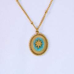 French Retro Bohemian Style Colorful Natural Stone Inlaid Oval Eight Mans Star Pendant Titanium Steel 14k Gold Necklace