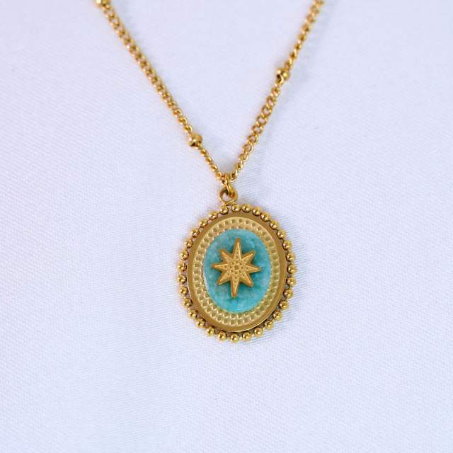 French Retro Bohemian Style Colorful Natural Stone Inlaid Oval Eight Mans Star Pendant Titanium Steel 14k Gold Necklace