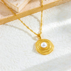 Fashion French Gold Wire Winding Circle Plated 18K Pearl Pendant Stainless Steel Necklace Earrings Ring suit