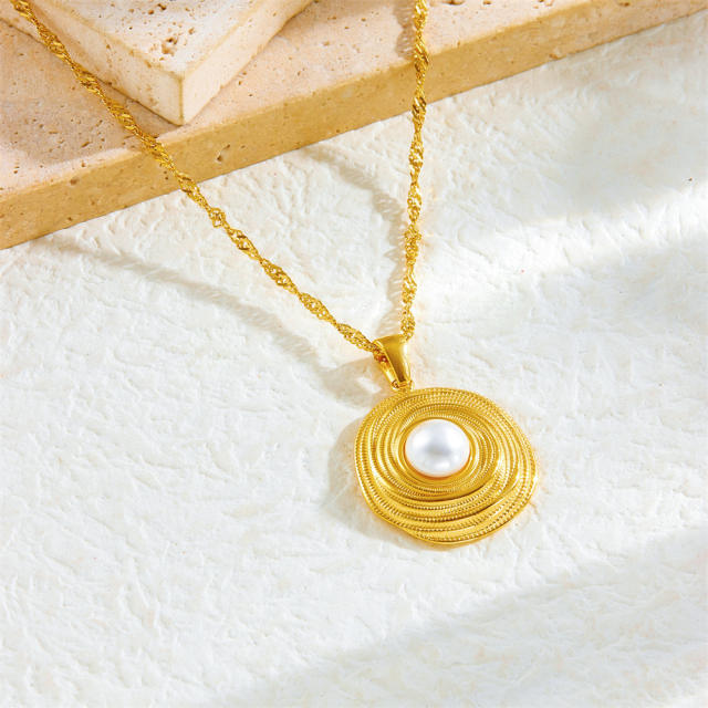 Fashion French Gold Wire Winding Circle Plated 18K Pearl Pendant Stainless Steel Necklace Earrings Ring suit