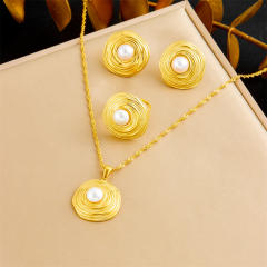 Fashion French Gold Wire Winding Circle Plated 18K Pearl Pendant Stainless Steel Necklace Earrings Ring suit