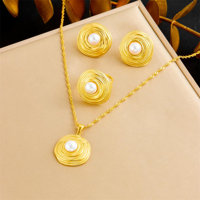 Fashion French Gold Wire Winding Circle Plated 18K Pearl Pendant Stainless Steel Necklace Earrings Ring suit