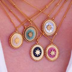 French Retro Bohemian Style Colorful Natural Stone Inlaid Oval Eight Mans Star Pendant Titanium Steel 14k Gold Necklace
