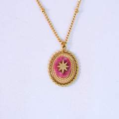 French Retro Bohemian Style Colorful Natural Stone Inlaid Oval Eight Mans Star Pendant Titanium Steel 14k Gold Necklace