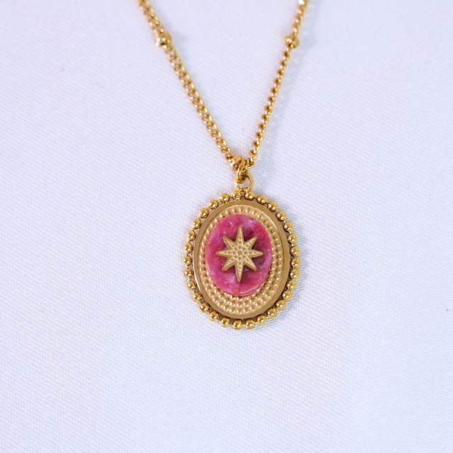 French Retro Bohemian Style Colorful Natural Stone Inlaid Oval Eight Mans Star Pendant Titanium Steel 14k Gold Necklace