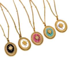 French Retro Bohemian Style Colorful Natural Stone Inlaid Oval Eight Mans Star Pendant Titanium Steel 14k Gold Necklace