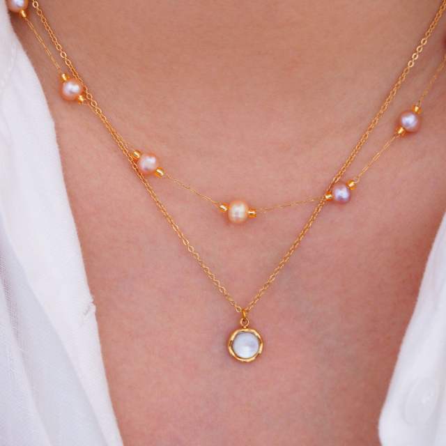New gem inlaid round stainless steel natural stone stainless steel 14k gold necklace