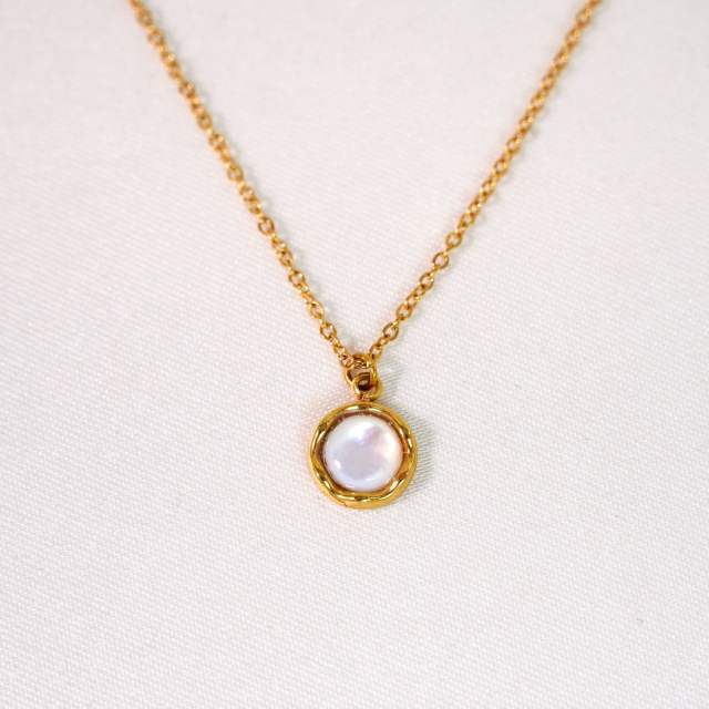 New gem inlaid round stainless steel natural stone stainless steel 14k gold necklace