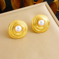 Fashion French Gold Wire Winding Circle Plated 18K Pearl Pendant Stainless Steel Necklace Earrings Ring suit