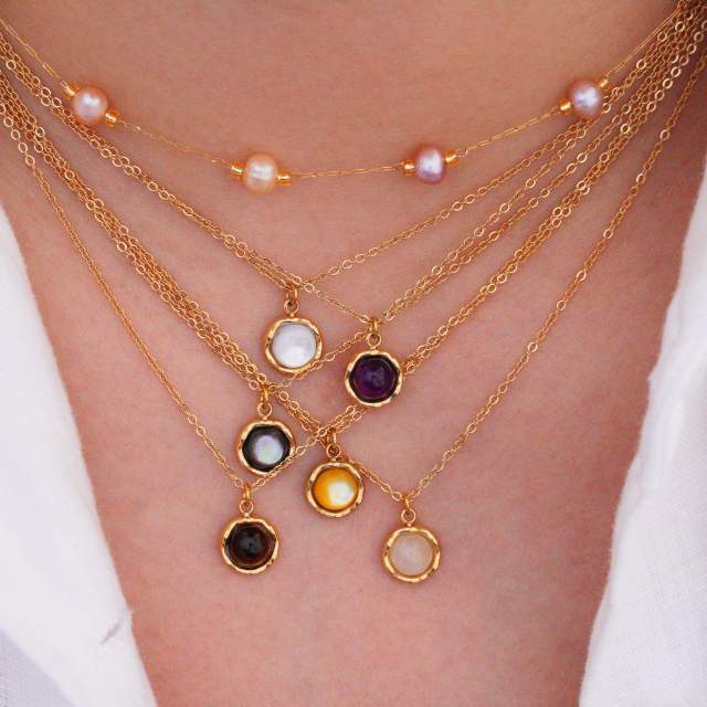 New gem inlaid round stainless steel natural stone stainless steel 14k gold necklace