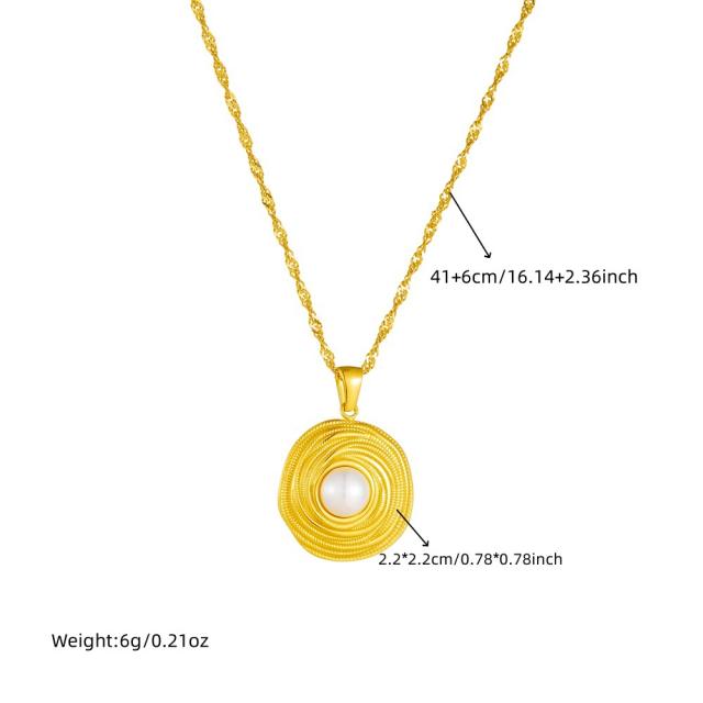 Fashion French Gold Wire Winding Circle Plated 18K Pearl Pendant Stainless Steel Necklace Earrings Ring suit