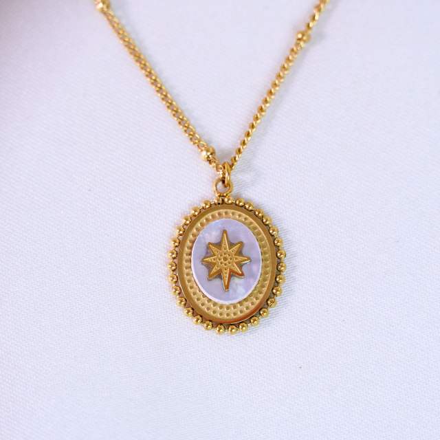 French Retro Bohemian Style Colorful Natural Stone Inlaid Oval Eight Mans Star Pendant Titanium Steel 14k Gold Necklace
