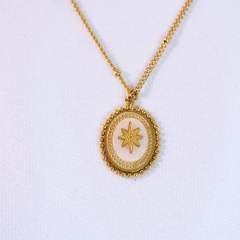 French Retro Bohemian Style Colorful Natural Stone Inlaid Oval Eight Mans Star Pendant Titanium Steel 14k Gold Necklace