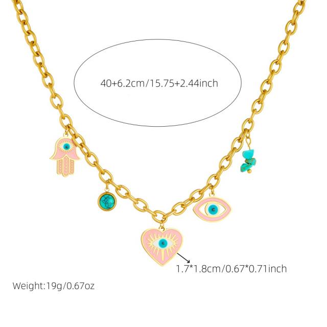 Personality drop oil pink love heart eviel eyes charm stainless steel necklace earrings bracelet suit