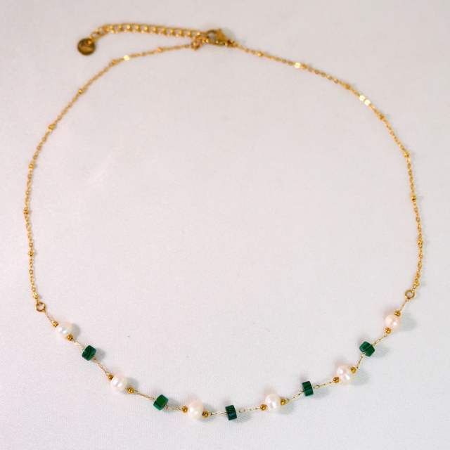 New gem inlaid round stainless steel natural stone stainless steel 14k gold necklace