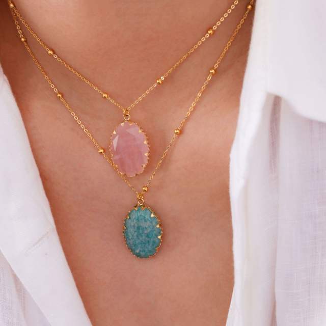 Natural Stone Stacked Stainless Steel 14K Gold Necklace Women's Simple High-end Handmade Necklace