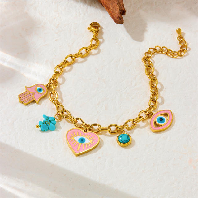 Personality drop oil pink love heart eviel eyes charm stainless steel necklace earrings bracelet suit