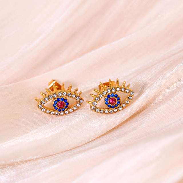 Luxury diamond evil eye stainless steel ear studs