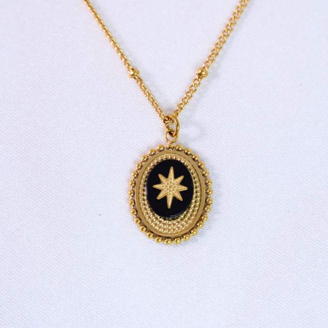 French Retro Bohemian Style Colorful Natural Stone Inlaid Oval Eight Mans Star Pendant Titanium Steel 14k Gold Necklace
