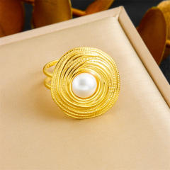 Fashion French Gold Wire Winding Circle Plated 18K Pearl Pendant Stainless Steel Necklace Earrings Ring suit