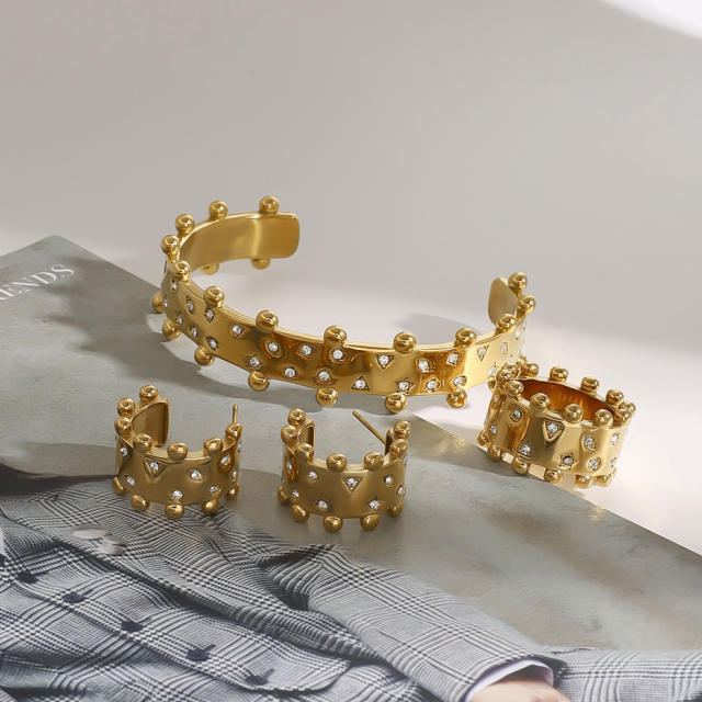 Chunky rhinestone setting stainless steel cuff bangle earrings rings set