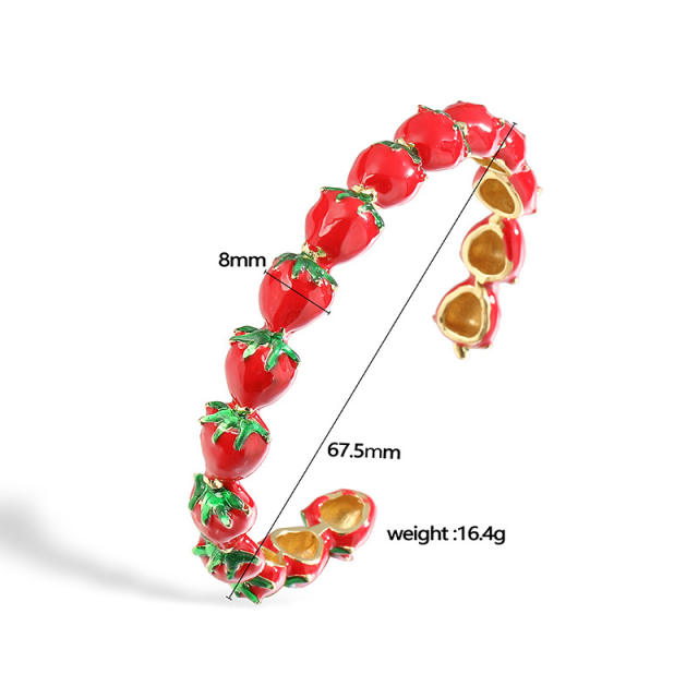 Sweet red pink enamel strawberry gold plated copper cuff bangle