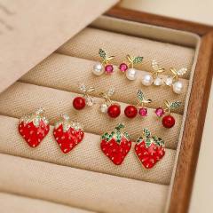 Sweet red strawberry cherry gold plated copper earrings ear studs