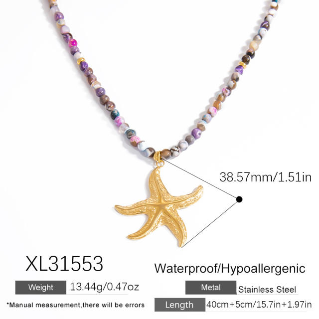 Holiday french trend stainless steel starfish sun charm natural stone necklace
