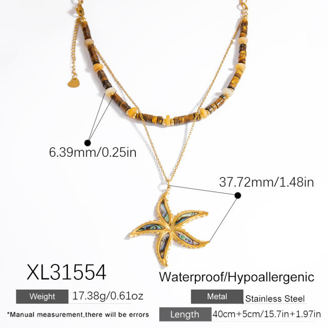 Holiday french trend stainless steel starfish sun charm natural stone necklace